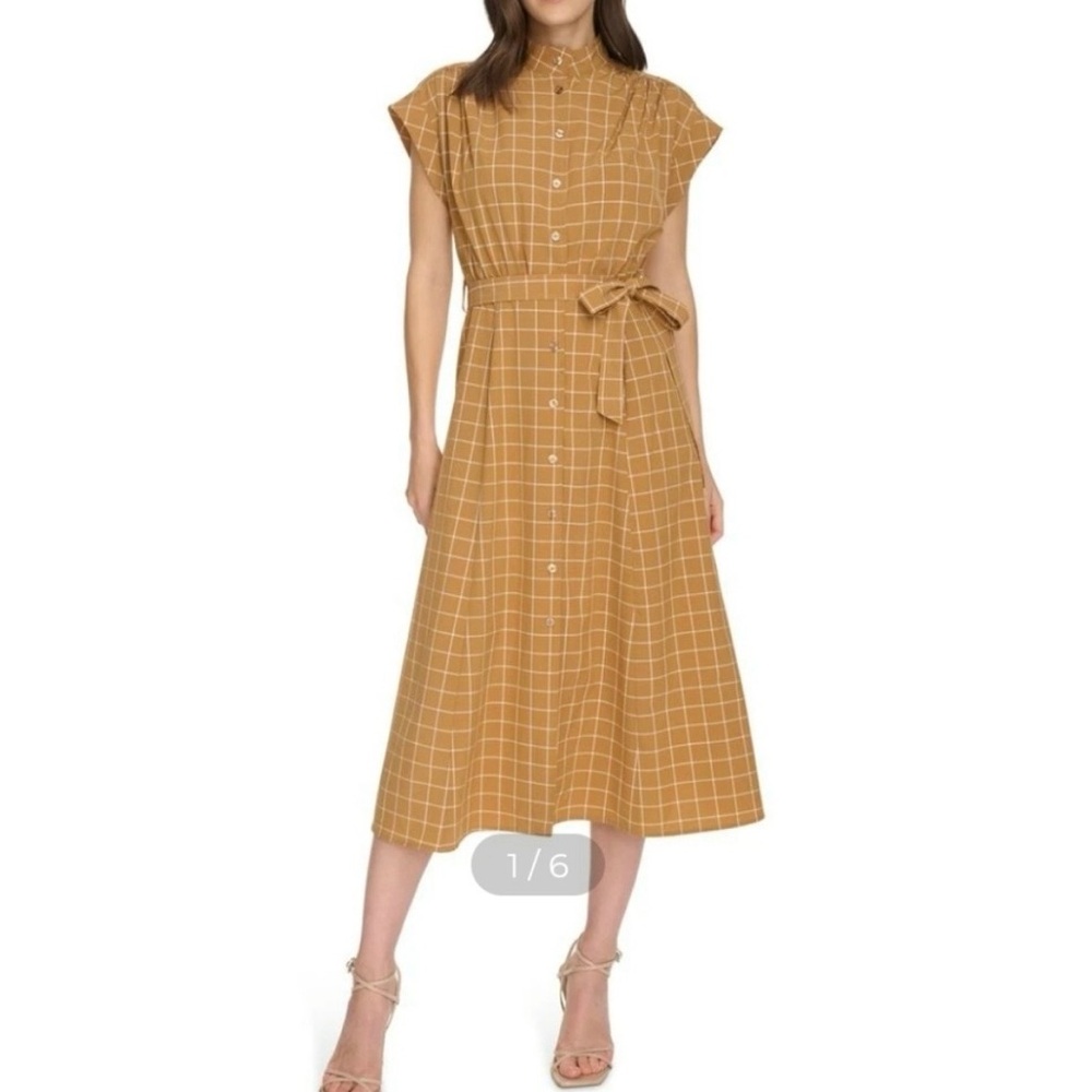 Calvin Klein Short Sleeve Windowpane Plaid Dress in Gold, NWT, size 6